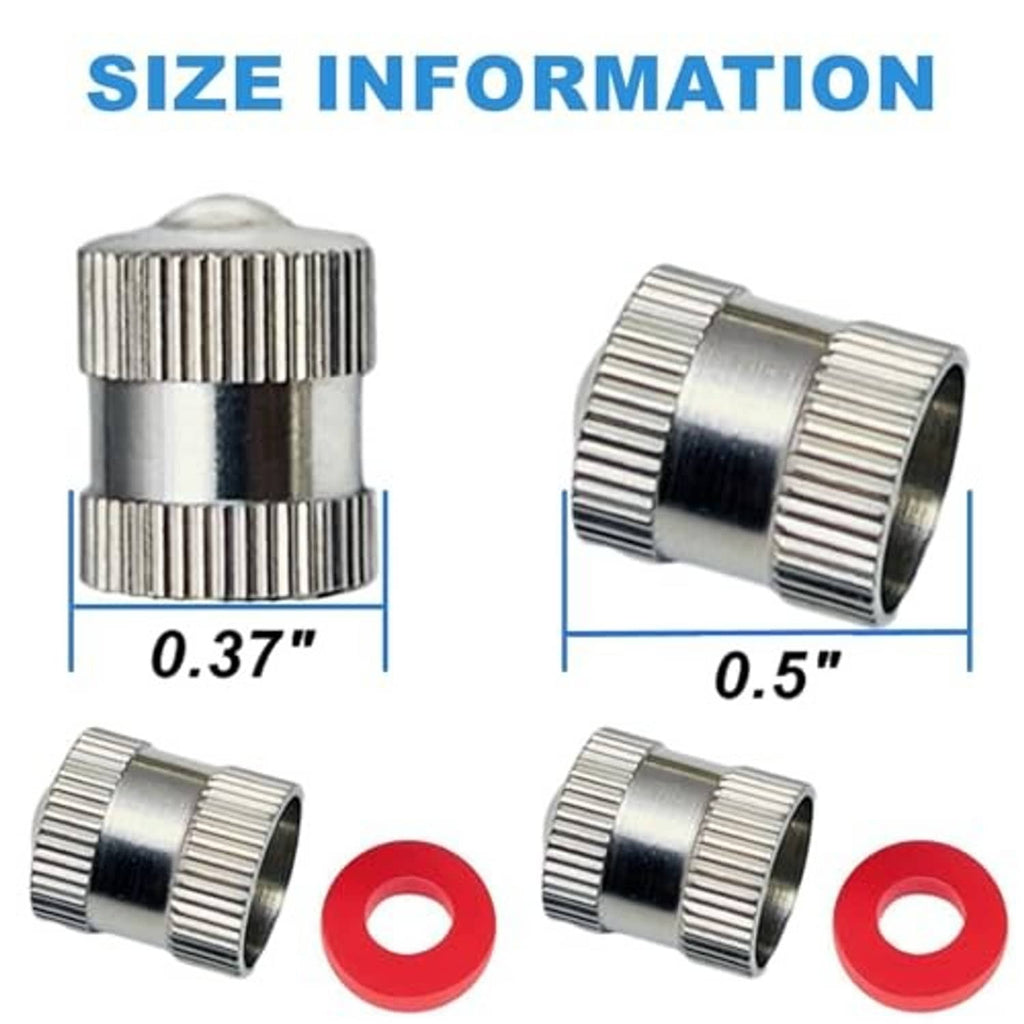 Brass valve stem caps and red rubber gaskets, ribbed chrome-silver design in two sizes