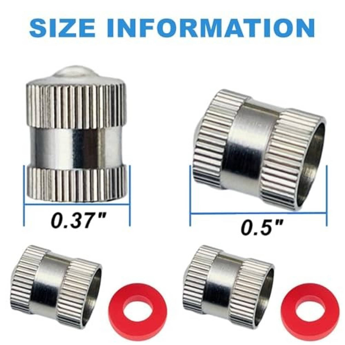 Brass valve stem caps and red rubber gaskets, ribbed chrome-silver design in two sizes