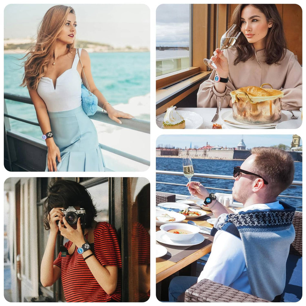 Round blue wave medallion watch adapter on wrist, worn on a cruise vacation