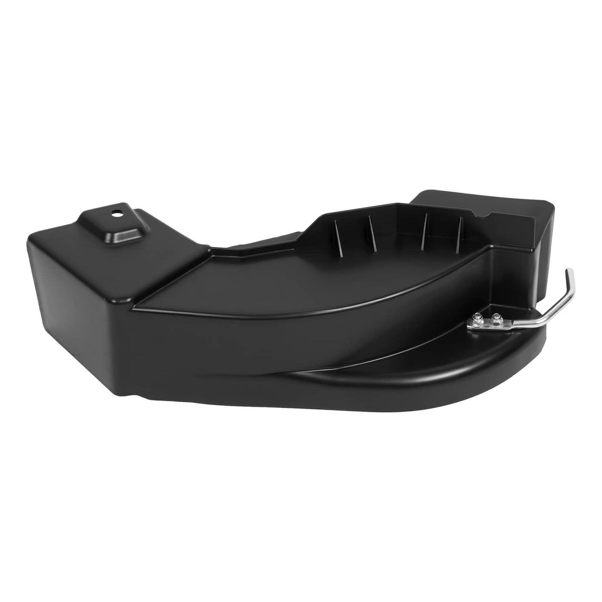 Black mulch plug chute with mounting plate and metal lever, for mower deck