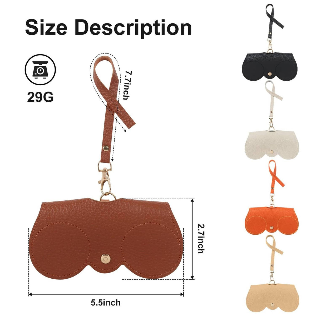 Leather sunglasses bag keychains with assorted colors and wrist straps, snap closures