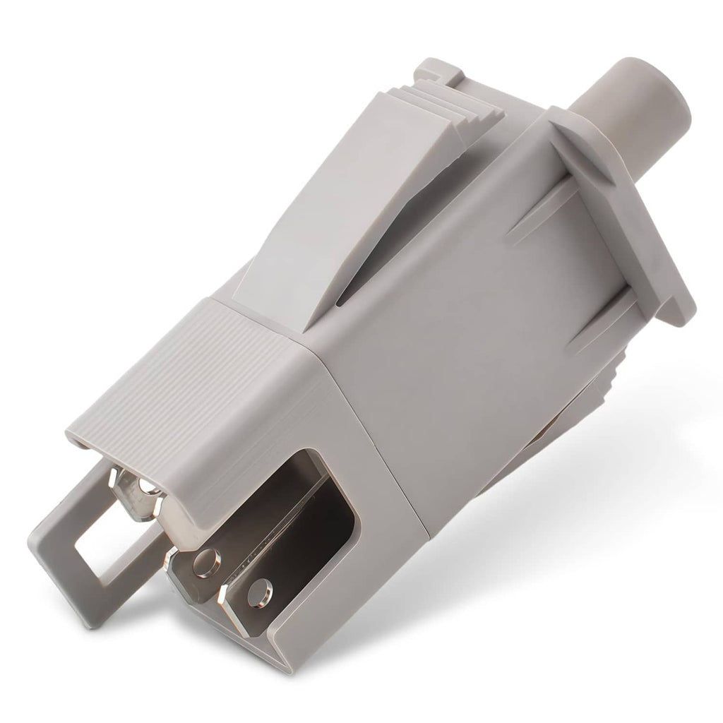 Gray lawn mower interlock safety switch with connector terminals and mounting tab