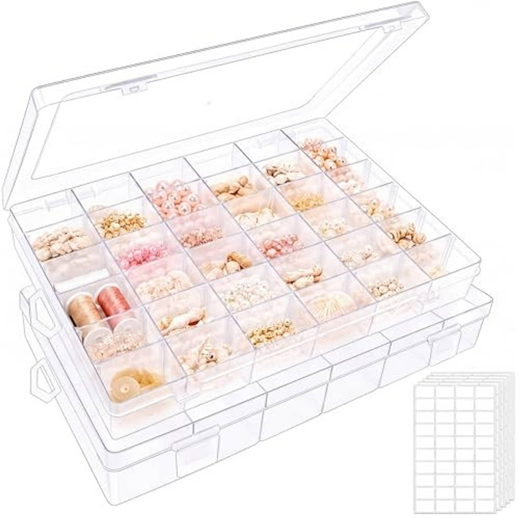 Clear plastic organizer box with lid and grid compartments, with extra divider insert.
