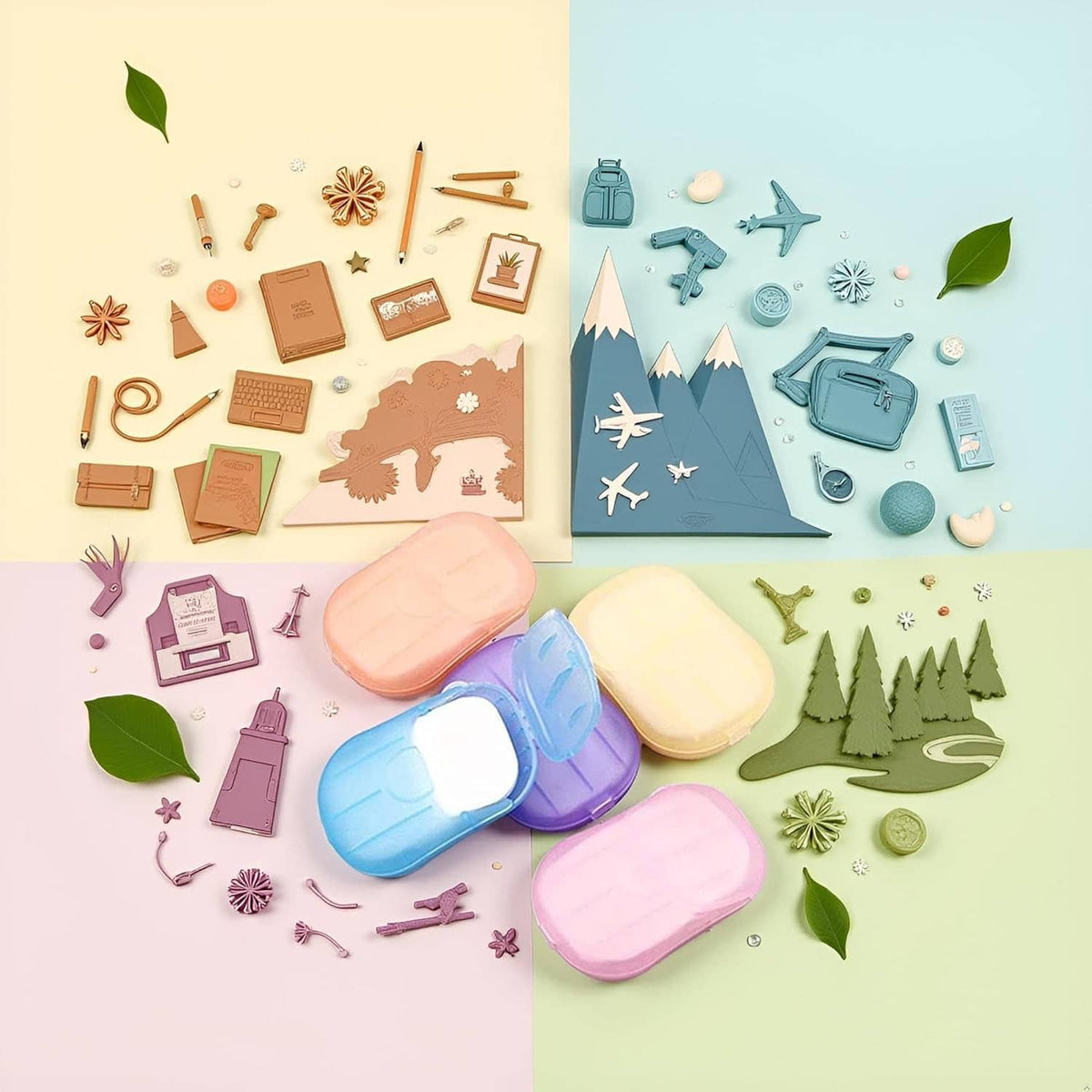 Pastel disposable soap paper sheets in orange, yellow, blue, purple, and pink bars