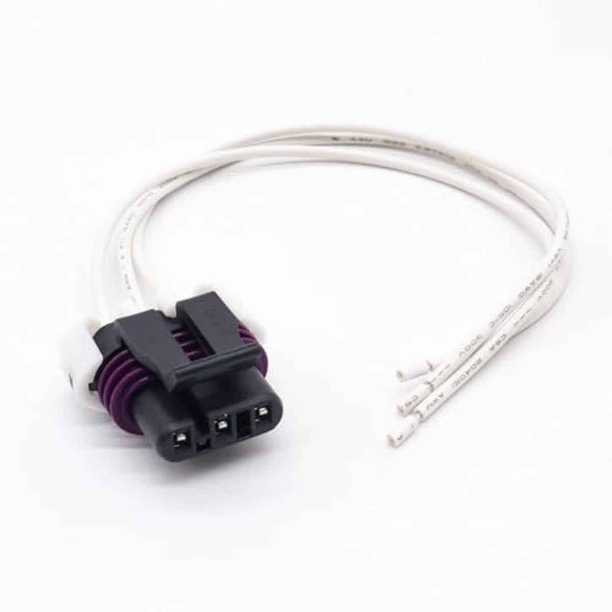 3-wire crank sensor pigtail plug with black connector, purple seal, and white wire leads