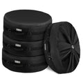 Black round spare tire cover bag with carry handle and multiple fastening straps