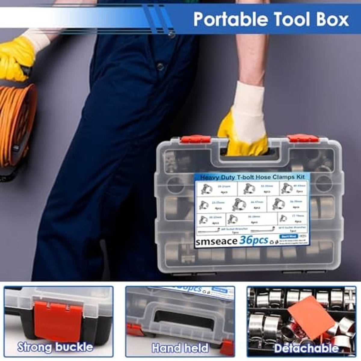 Portable case containing stainless T-bolt hose clamp kit with clamps and wrenches