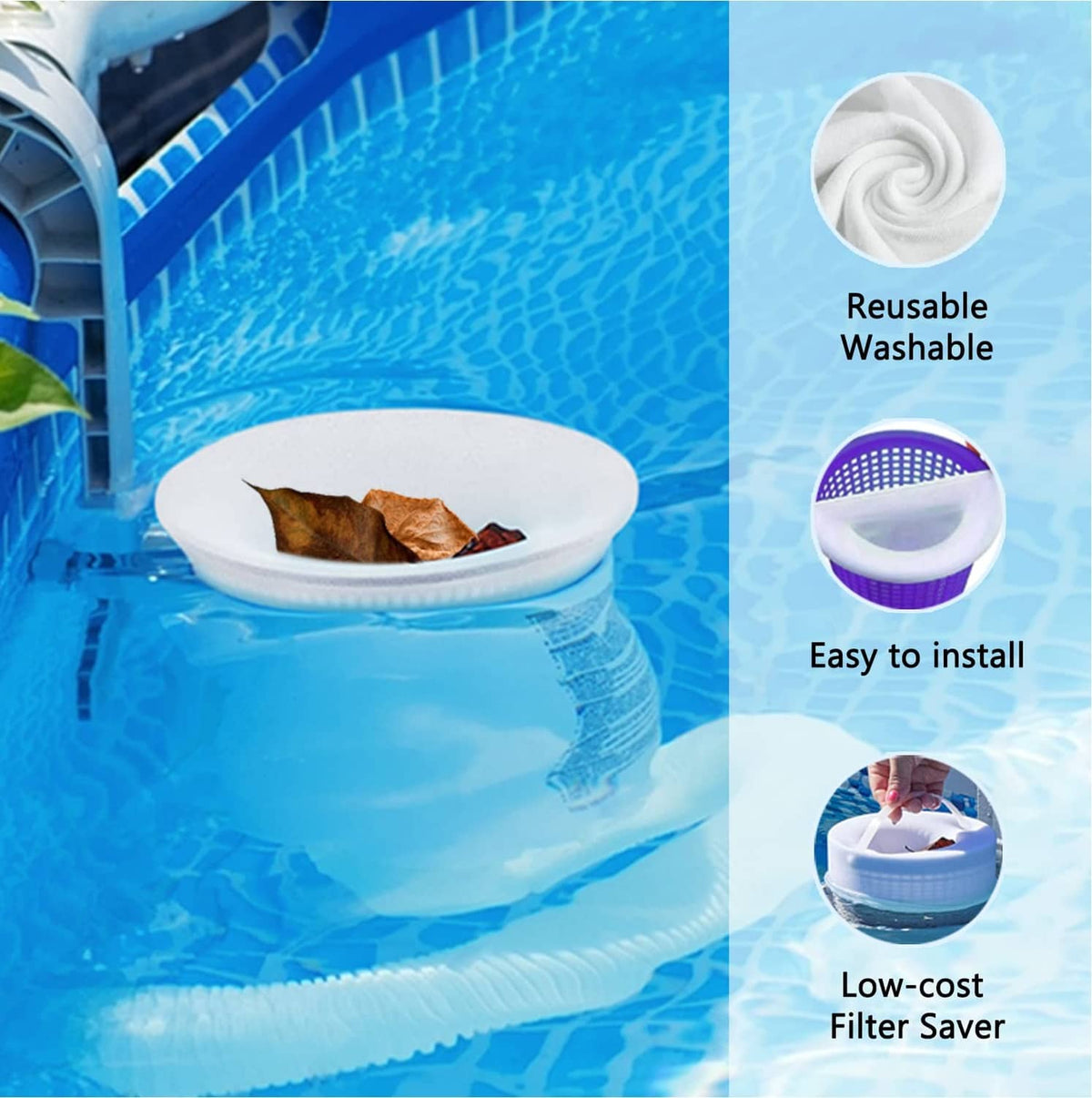 White pool skimmer sock over blue basket, reusable washable filter, floating