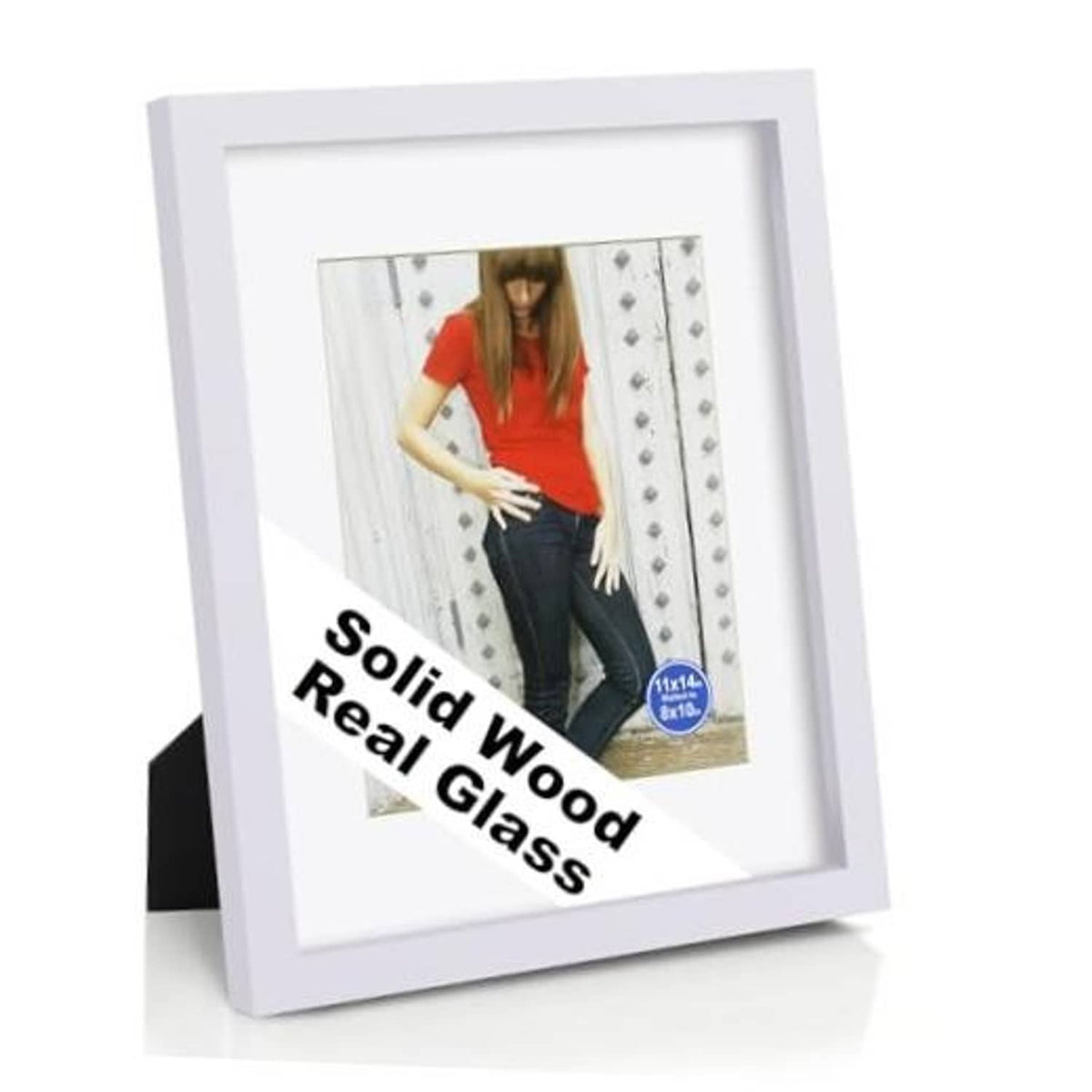 White solid wood picture frame with glass, displaying a portrait photo with mat