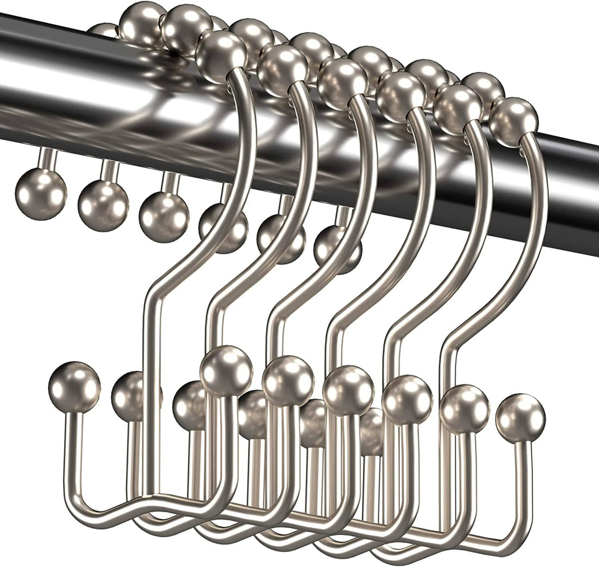 Set of silver double-glide shower curtain hook rings with ball sliders on a rod