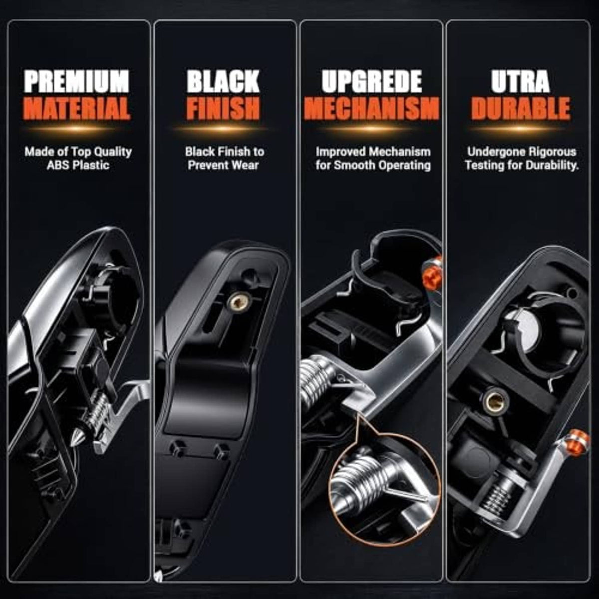 Black exterior door handle design panels showing inner mechanism and mounting points.