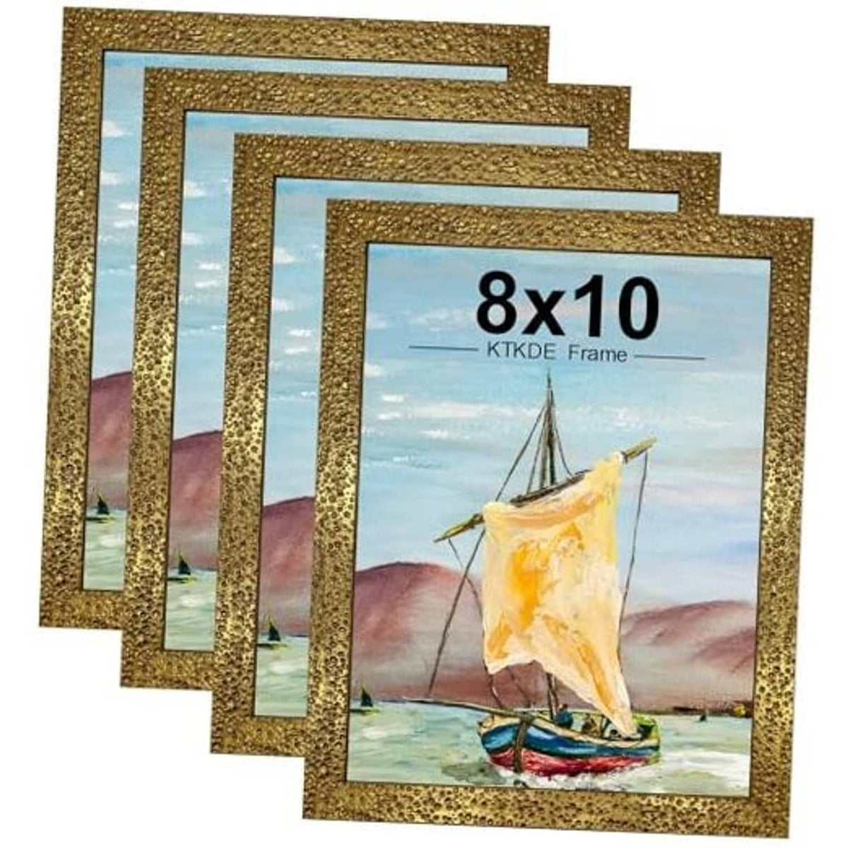 Set of 4 ornate gold 8x10 photo frames with textured vintage borders, stacked fronts