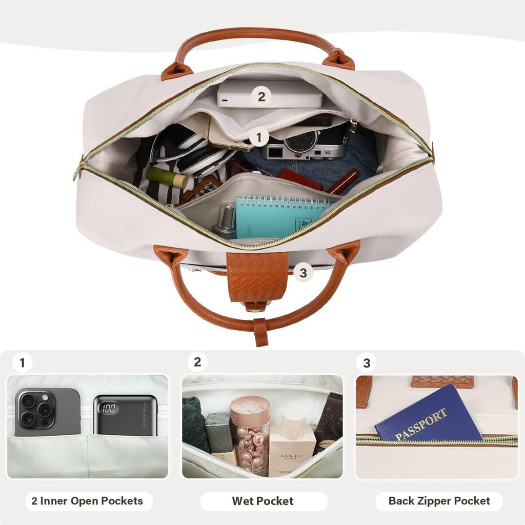 Open white duffel bag interior with multiple pockets, wet pocket, and back zipper pocket.