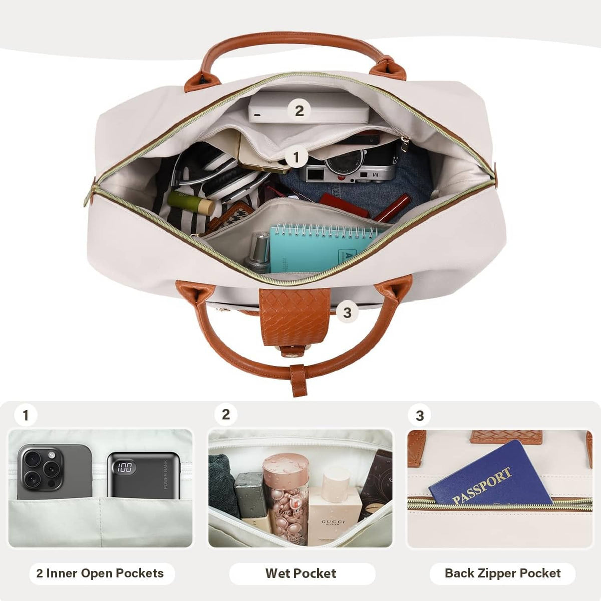 Open white duffel bag interior with multiple pockets, wet pocket, and back zipper pocket.