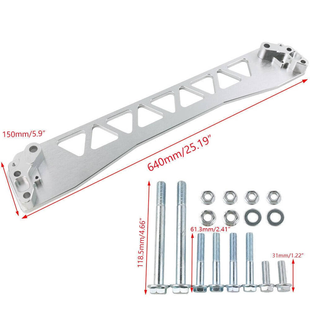 Silver rear subframe brace tie bar with mounting bolt kit and size diagram