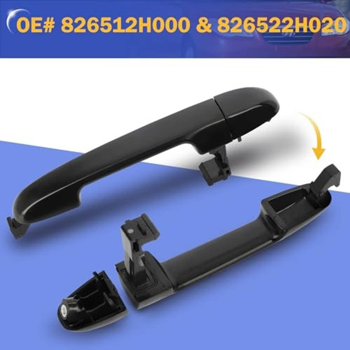 Black door handle assembly with actuator, latch mounts, and underside clips