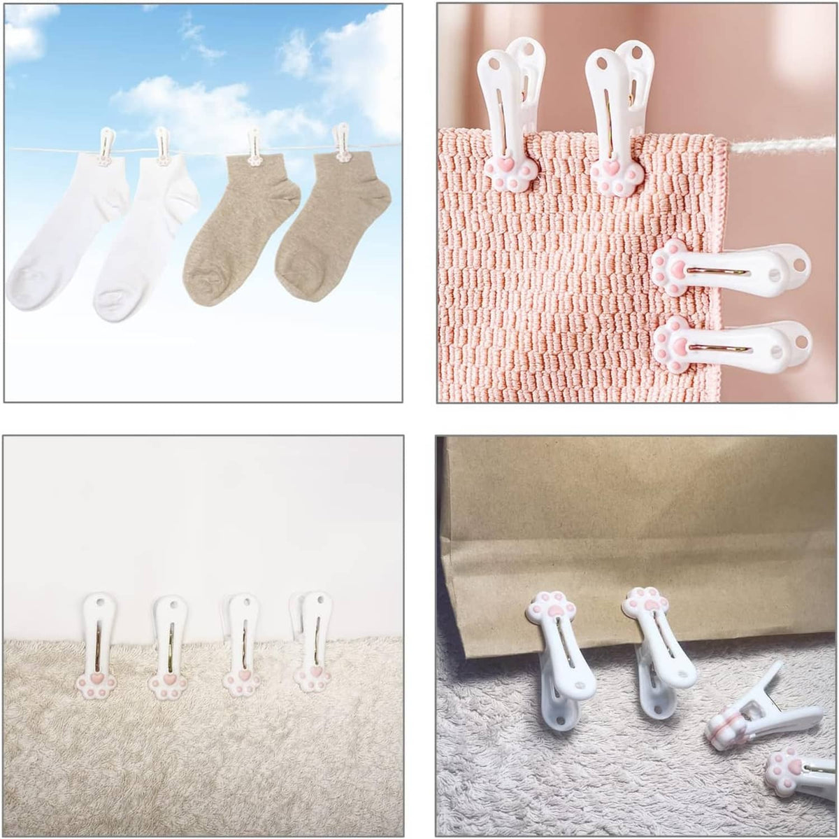 White plastic clothespins with paw decor holding socks on a line, multiple clips shown
