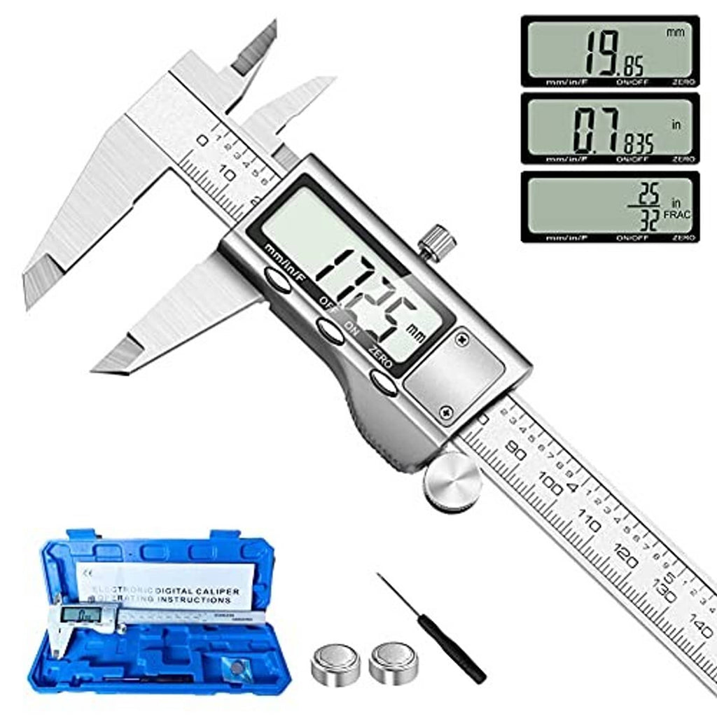 Digital vernier caliper angled view showing LCD screen and metric scale