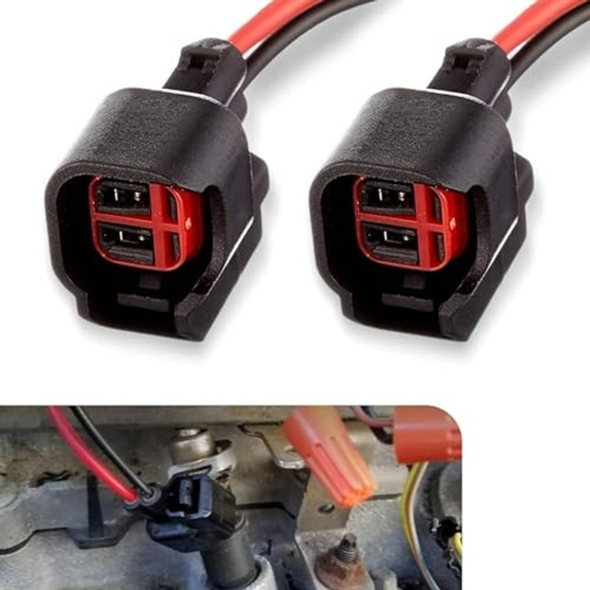 Two car injector connector plugs with black housings and red dual ports, close-up