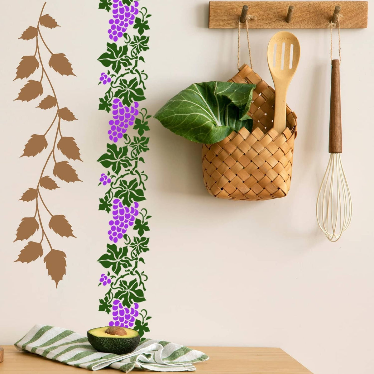 Leaf vine wall stencil design, green trailing vine with purple grape clusters