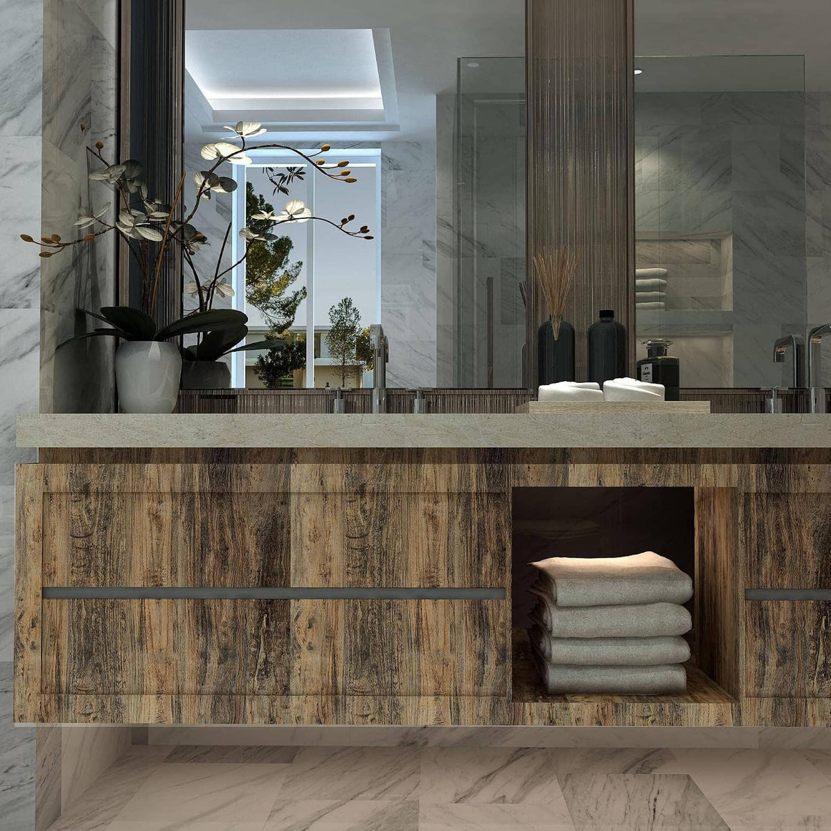 Brown wood-grain wallpaper around bathroom vanity and wall panel with vertical wood texture