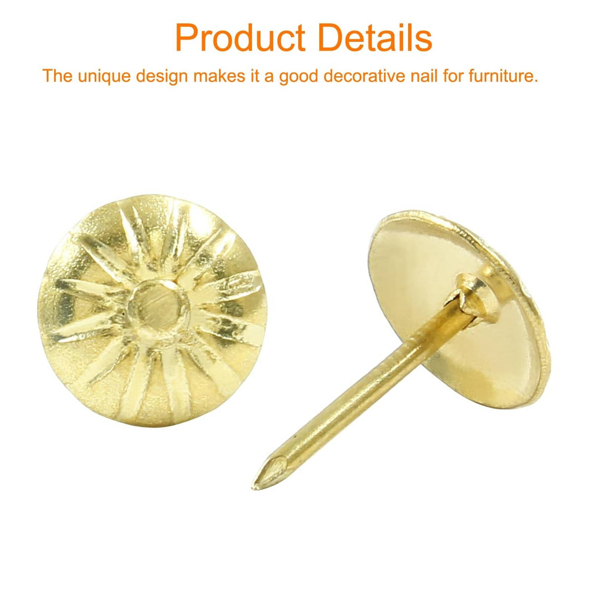 Antique gold brass upholstery tack pair with round star caps and long pins