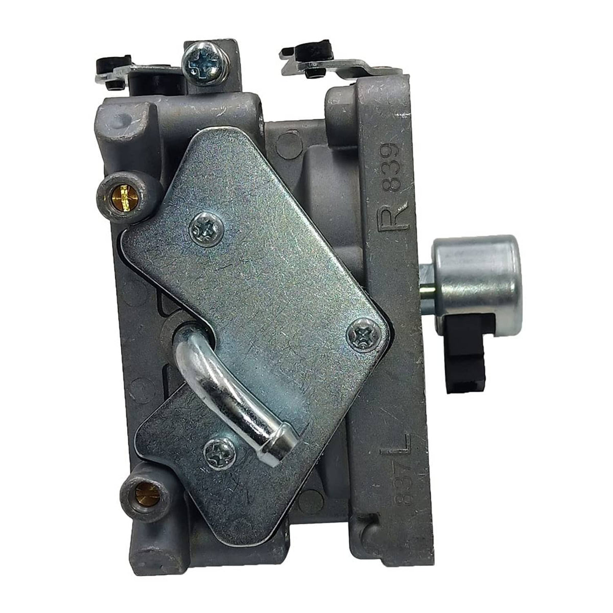 Carburetor side view with metal cover plate, hose elbow fitting and mounted adjustment arm