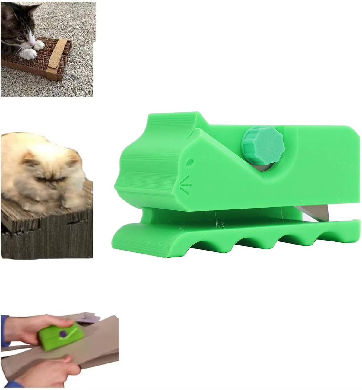 Green adjustable cardboard cutter with octagonal knob and serrated cutting guide