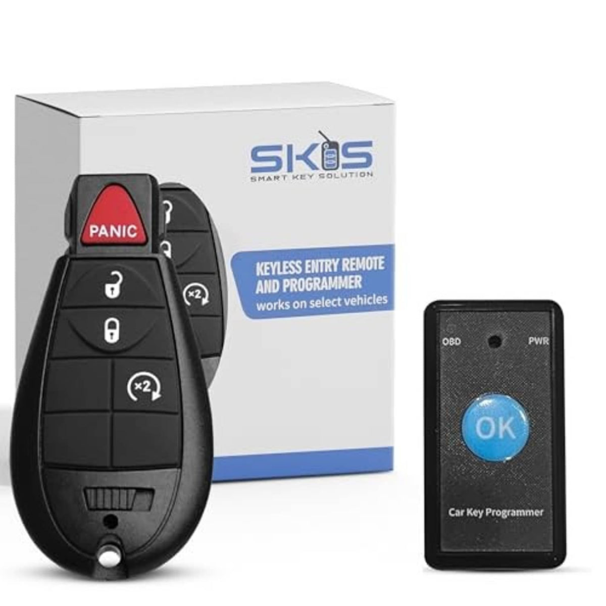 Black keyless entry remote with PANIC and x2 buttons plus SKS car key programmer