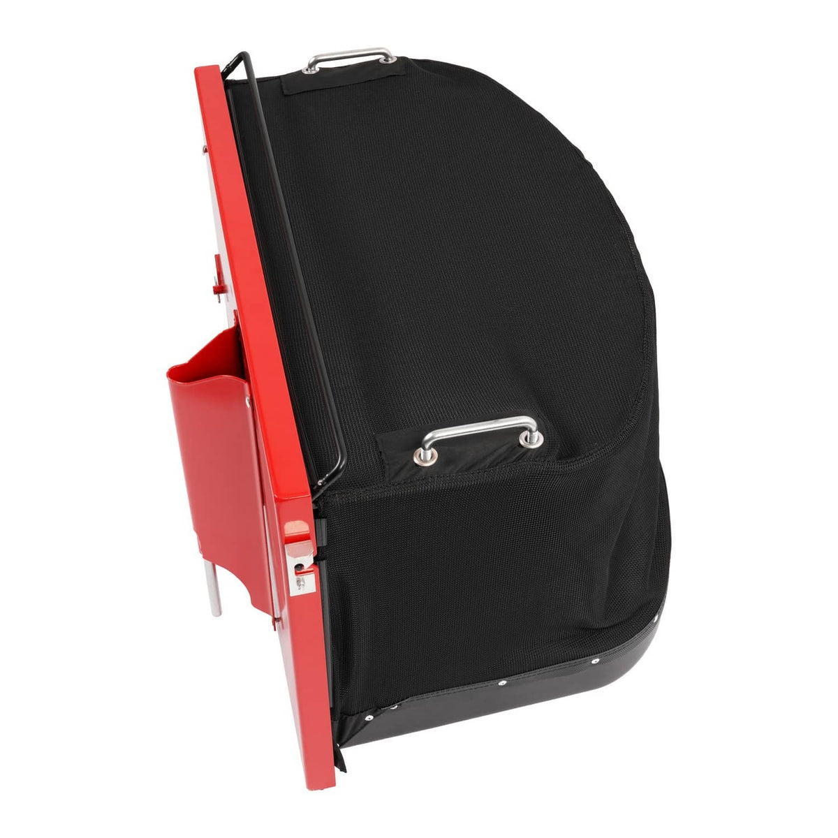 Black fabric grass catcher bag attached to a red frame with metal bars