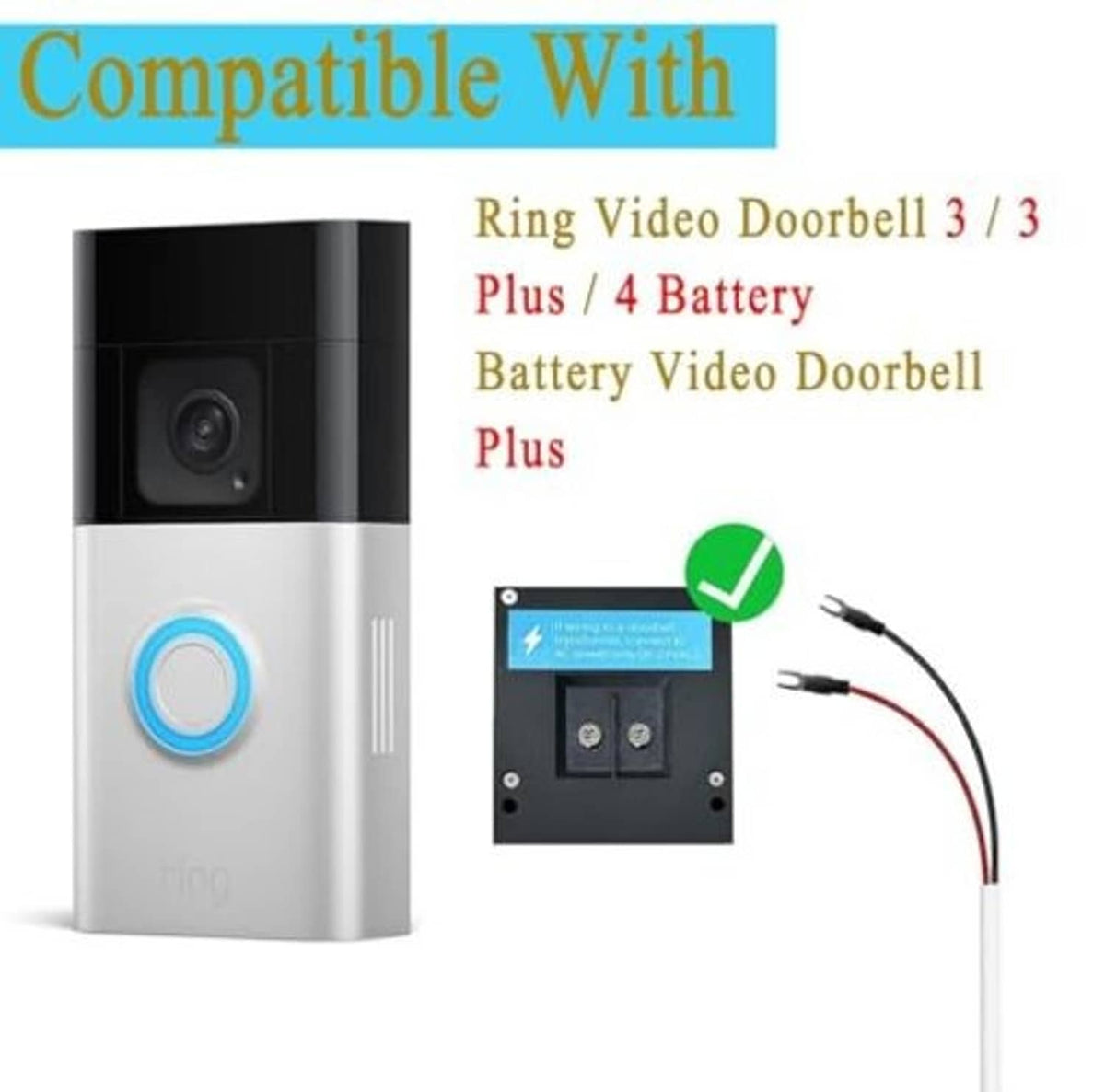 Solar panel charger for a battery video doorbell, shown with camera unit and wiring