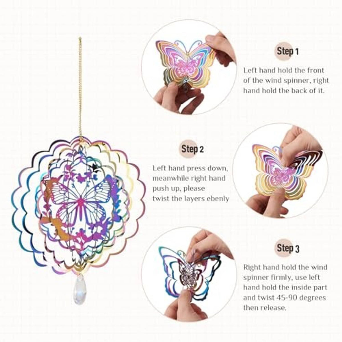 Butterfly wind spinner assembly steps showing twisting layers and attaching crystal drop