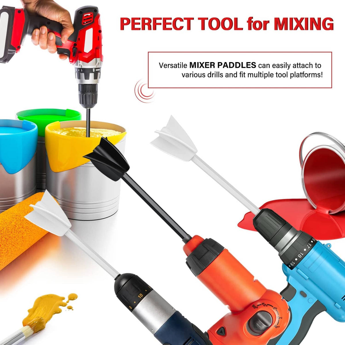 Four resin mixing paddles with drill-compatible hex shank, shown with various drill sizes