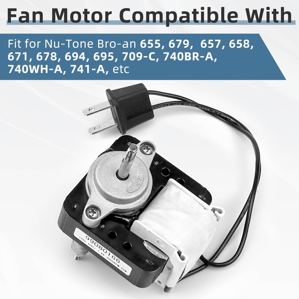 Exhaust fan motor with attached wiring and mounting bracket, black and silver