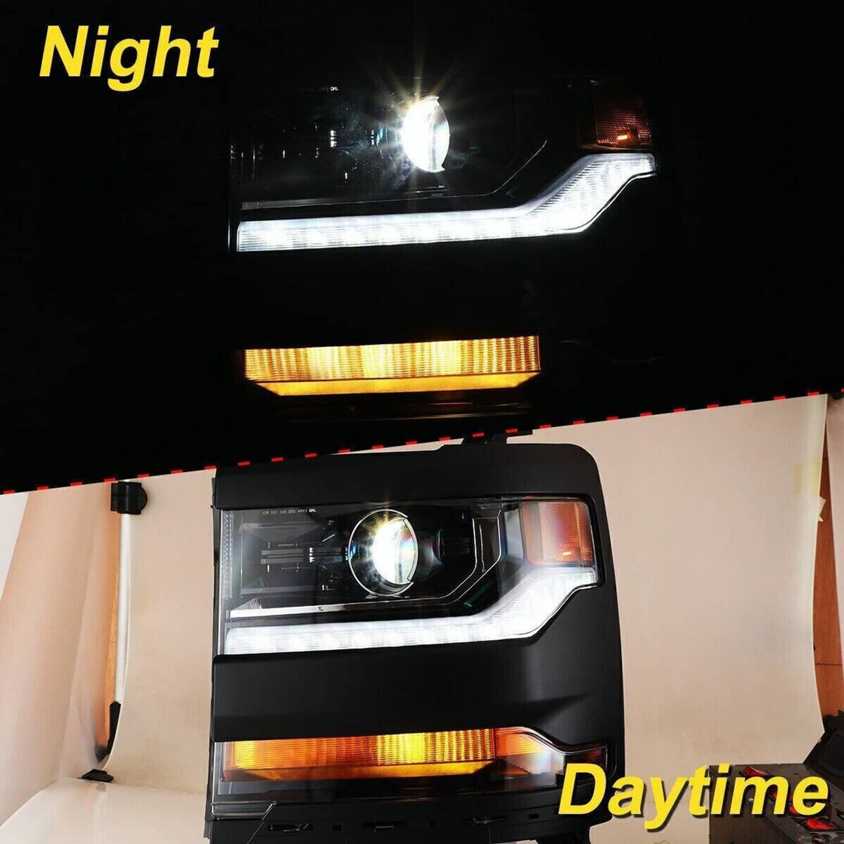Single headlight showing white DRL bar and amber strip; daytime and night effect