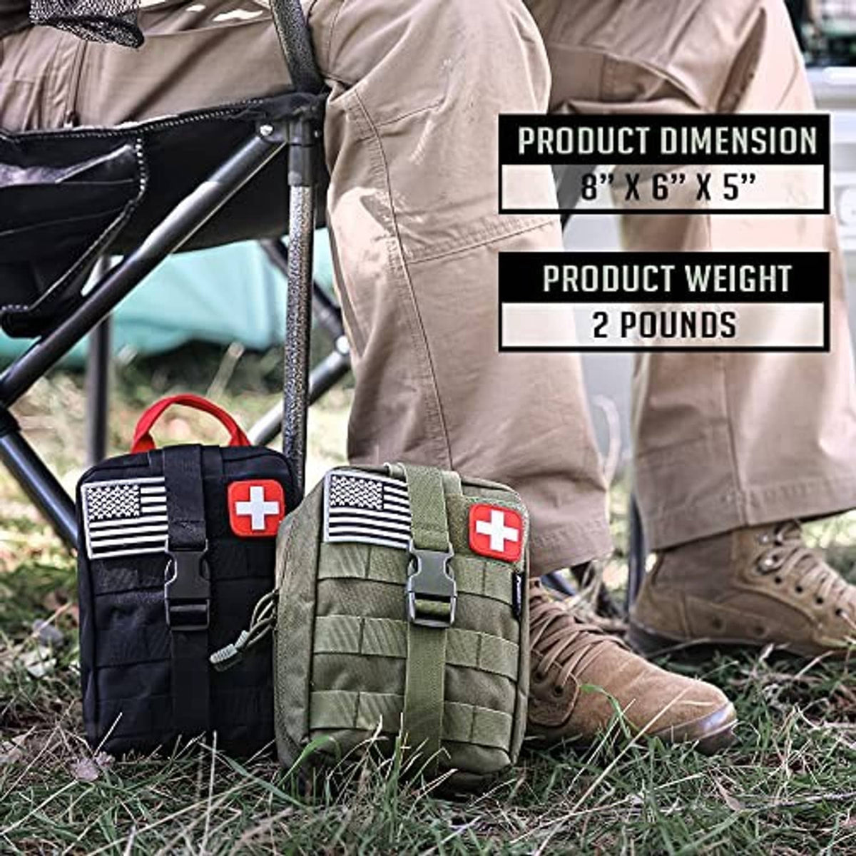 Green and black first aid pouch attached outdoors with red cross patch on front