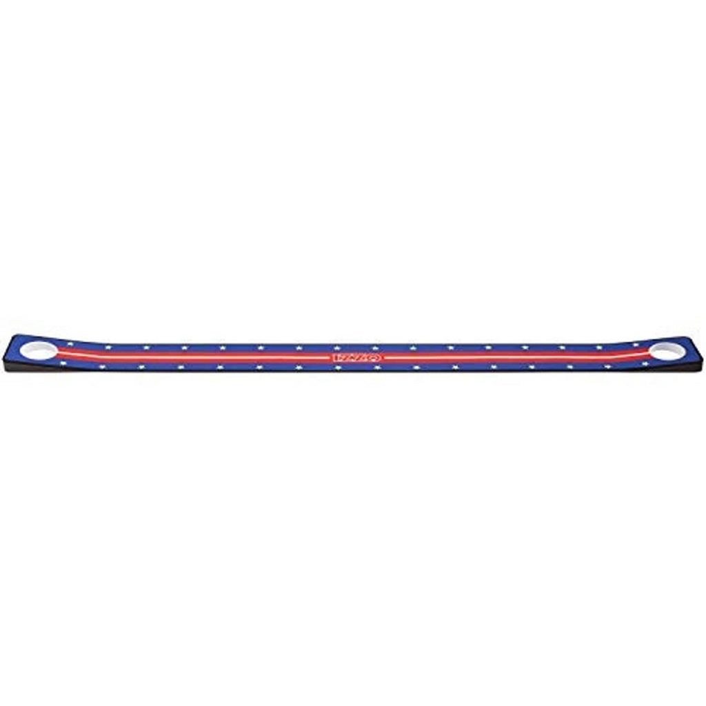 Golf putting mat with circular cup at both ends; blue felt with red/white stripes and stars.