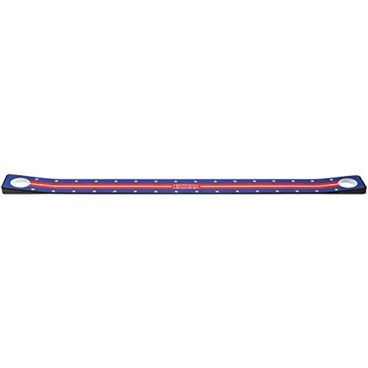 Golf putting mat with circular cup at both ends; blue felt with red/white stripes and stars.