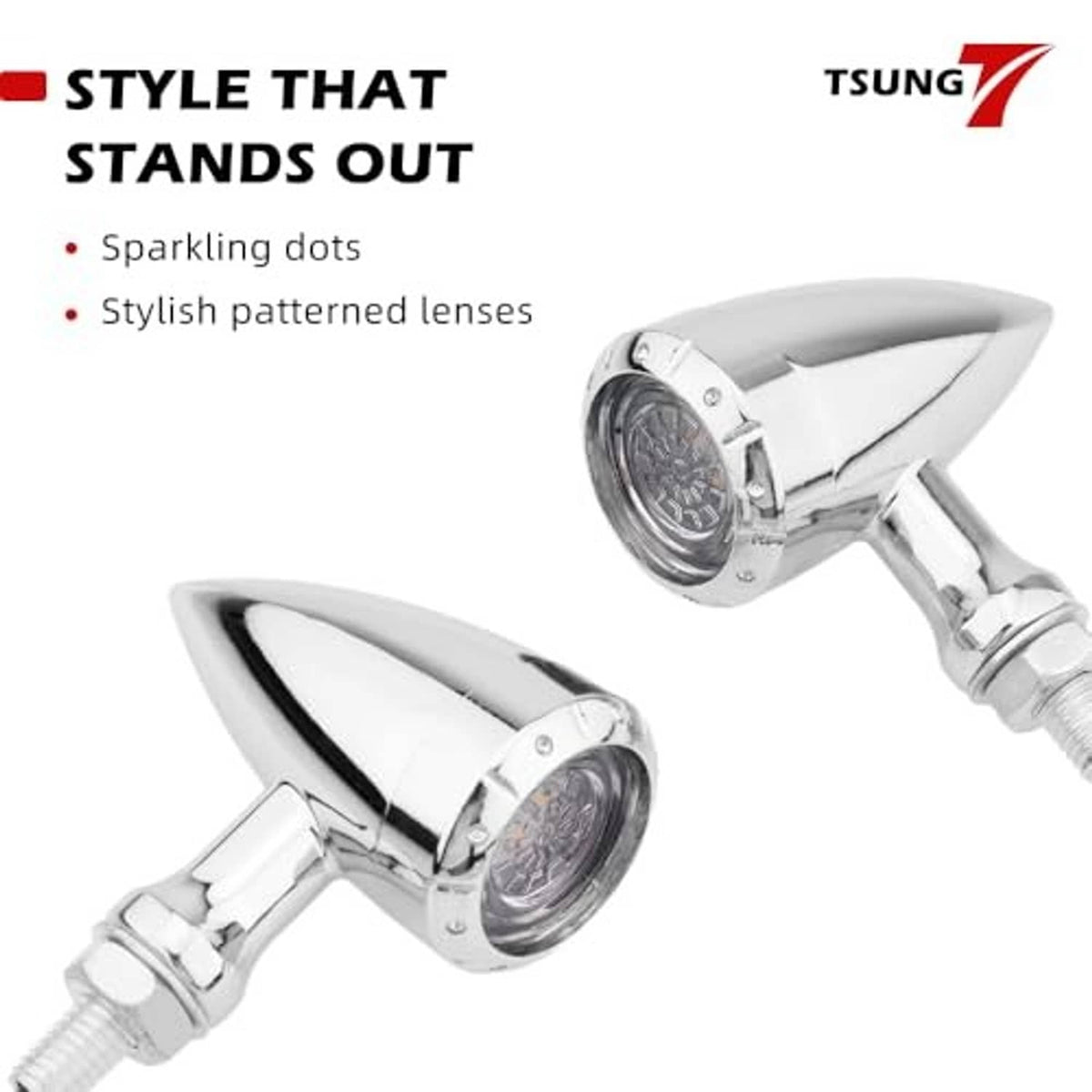 Chrome motorcycle bullet LED turn signal lights with patterned clear lens and metal stem