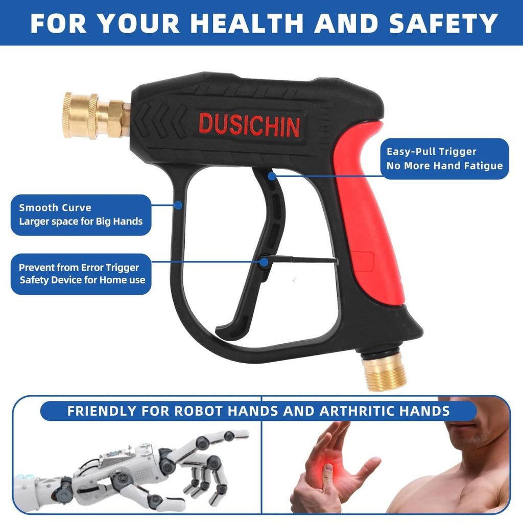 Foam cannon spray gun with ergonomic trigger handle, red grip, and brass threaded outlet