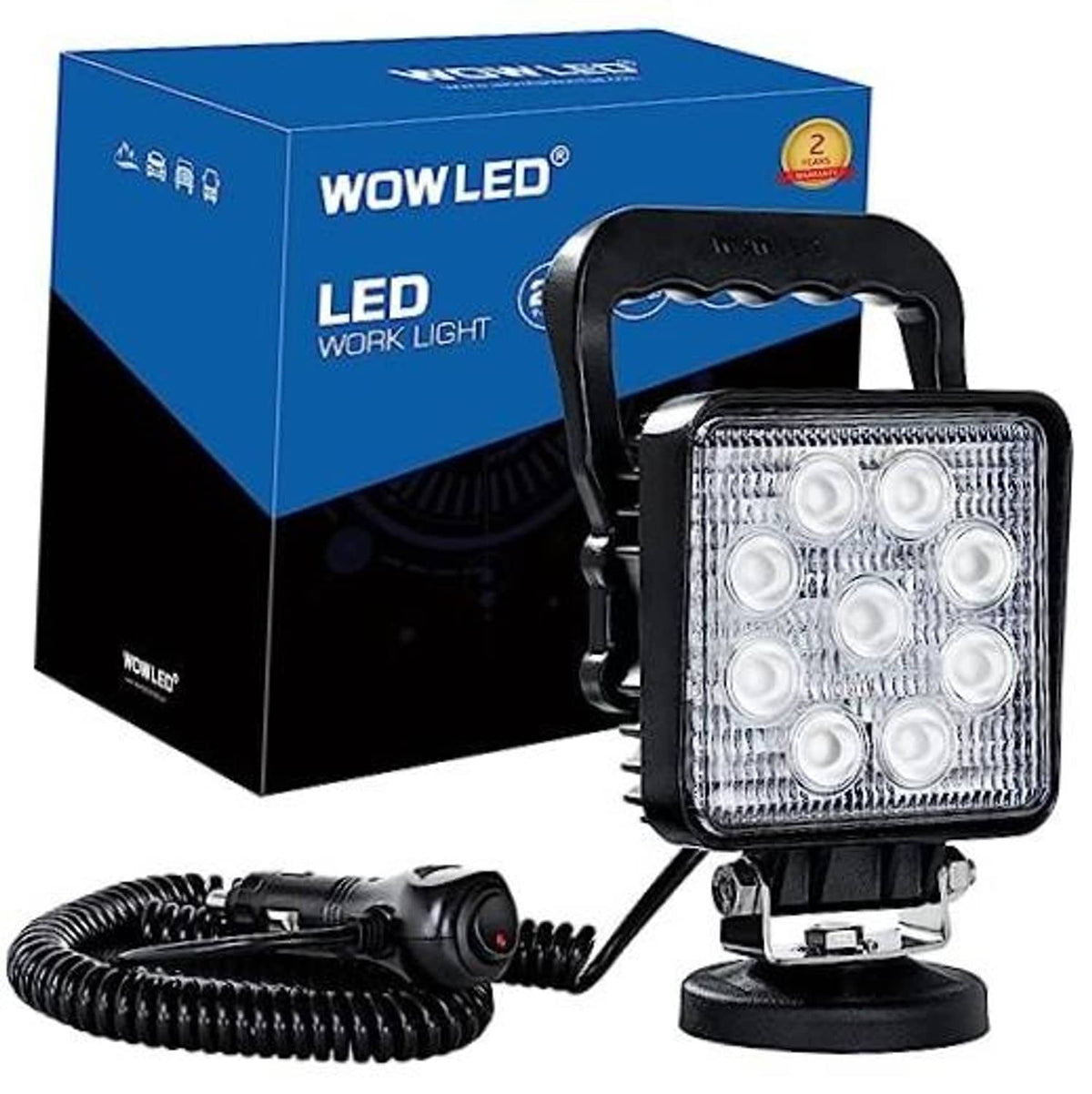 Portable square LED work light with black housing, multiple LEDs, magnetic base stand