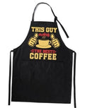 Black coffee apron with “THIS GUY makes the best coffee” graphic and neck strap