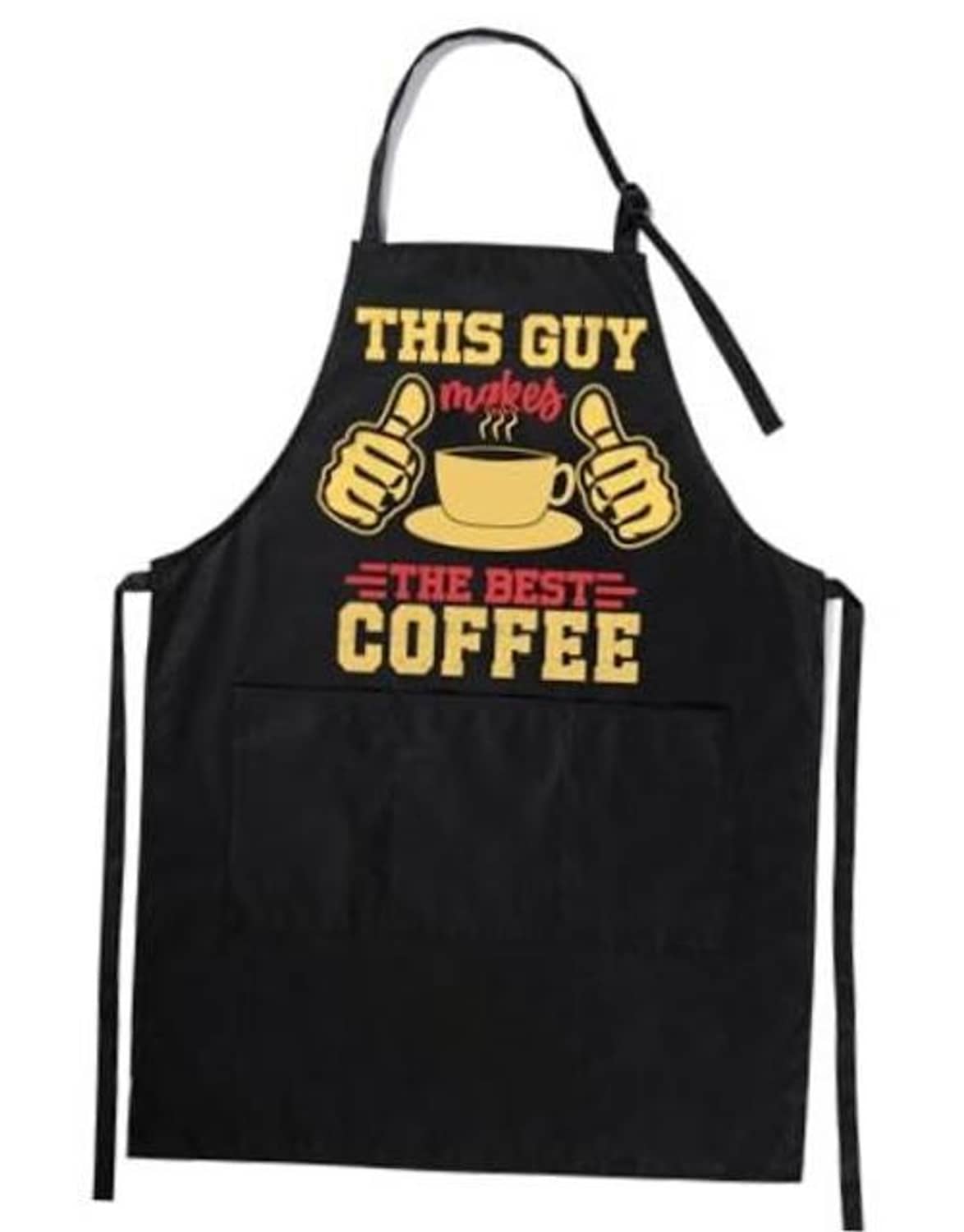 Black coffee apron with “THIS GUY makes the best coffee” graphic and neck strap