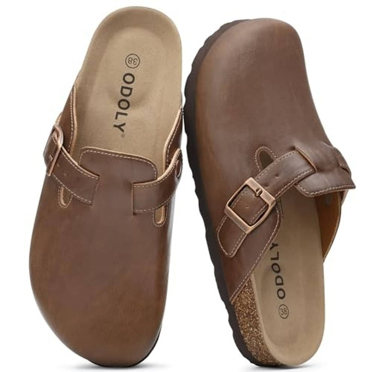 Mocha slip-on clog shoes with adjustable buckle strap and cork-wrapped footbed