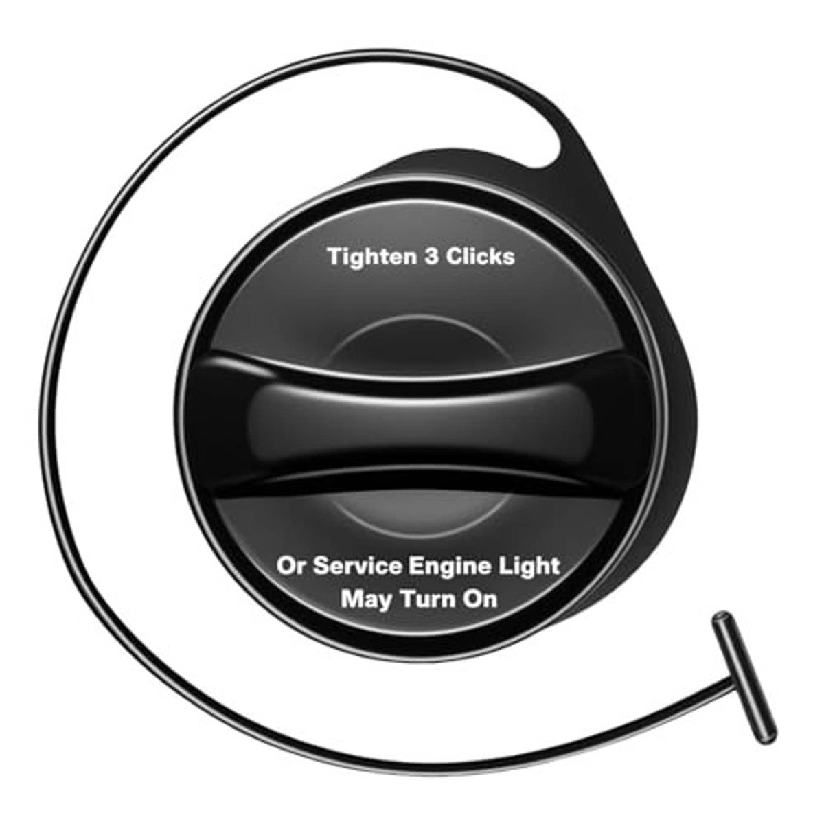 Black fuel tank cap with round grip, curved top, and side pull tab