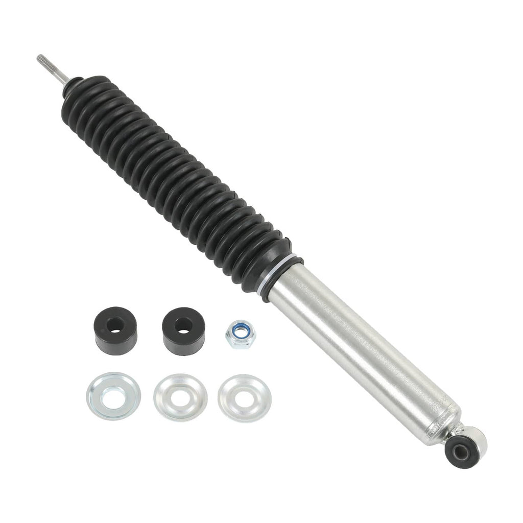 Rear shock absorber with black coil boot, silver tube, and included rubber bushings