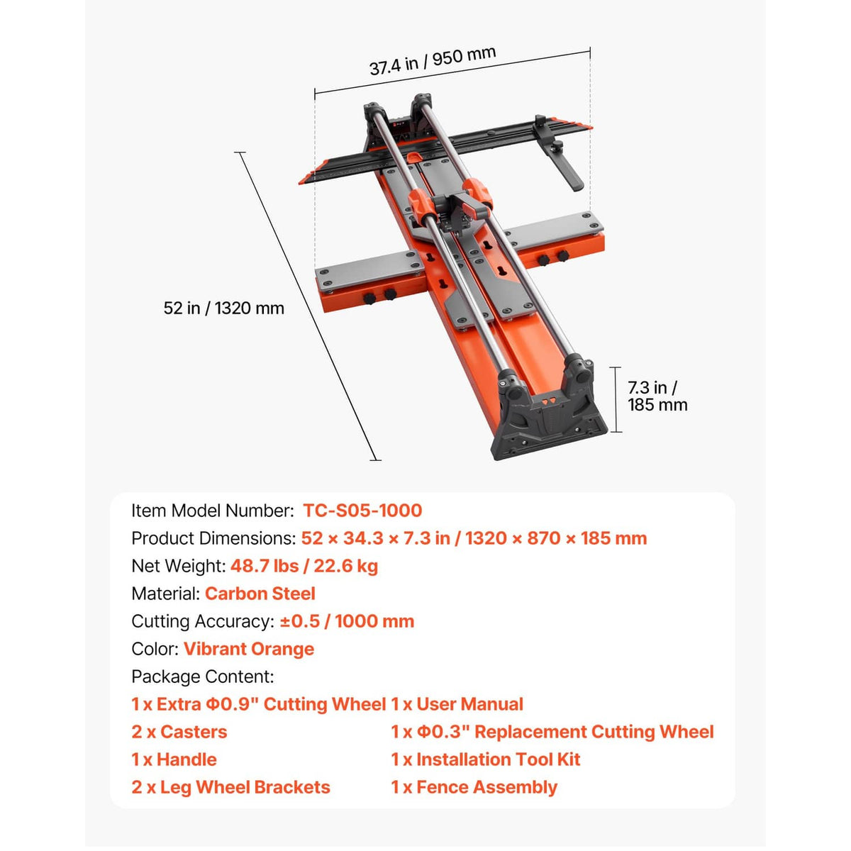 Manual tile cutter with orange base and dual silver rails, labeled dimensions on display