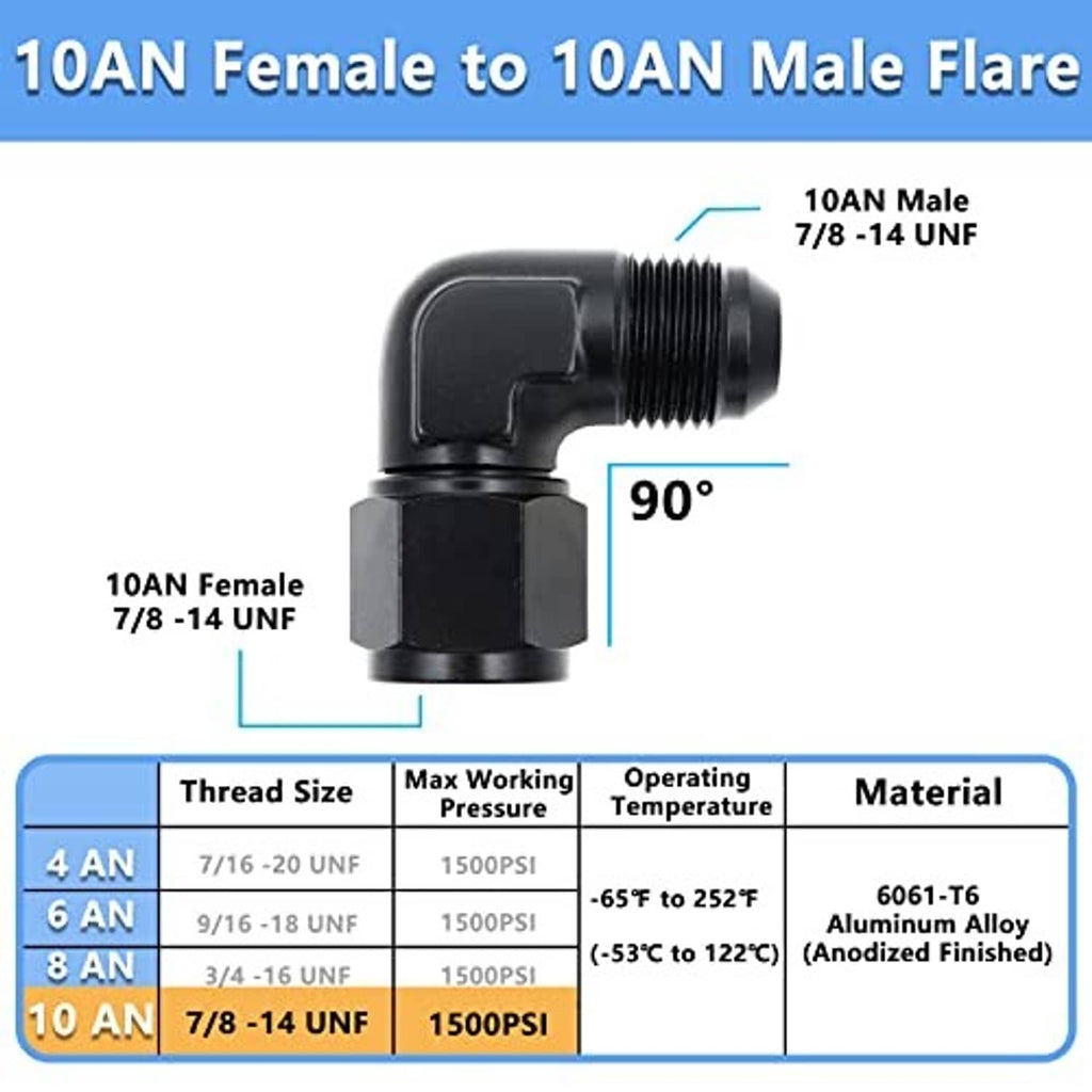 Black AN female-to-male 90-degree flare adapter with threaded ends and hex body