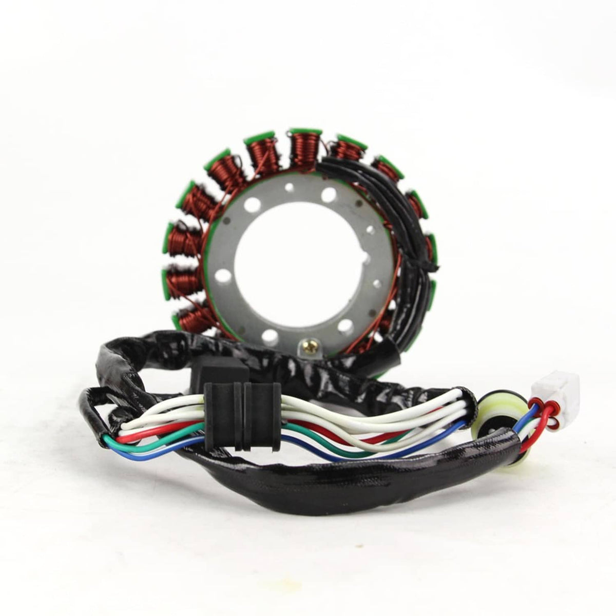 Stator coil with green-and-copper windings, gray mounting plate, and wire connectors