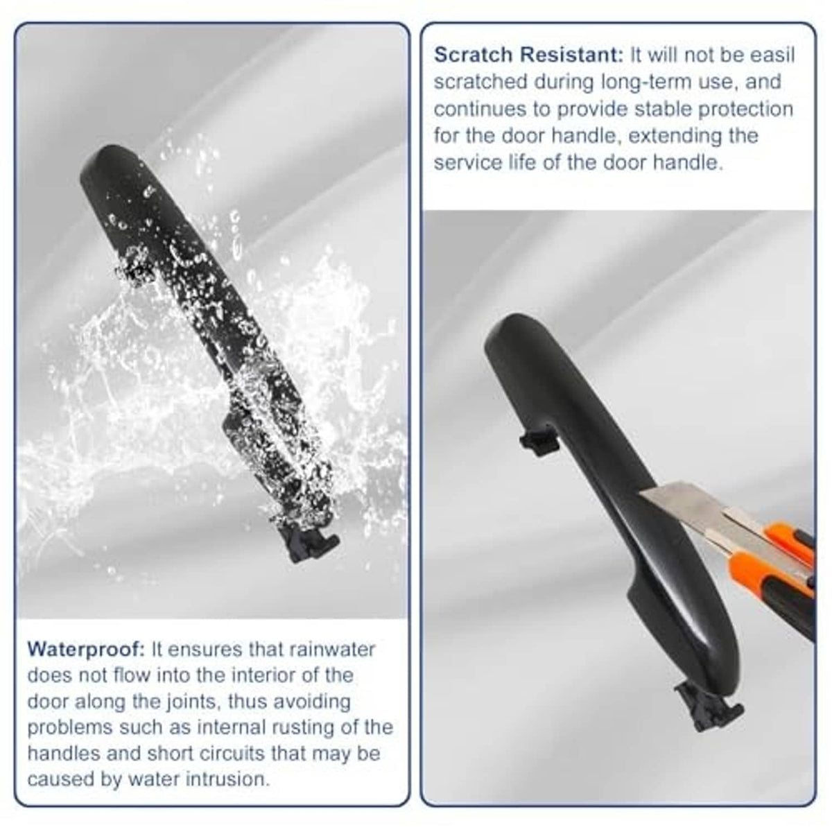 Black exterior rear door handle with mounting tabs and curved grip